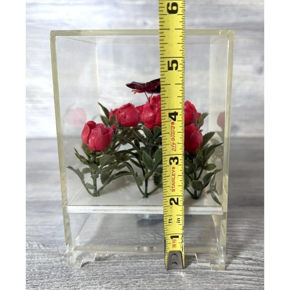 Vtg Lucite Music Box Butterfly Butterflies Red Flowers Moving Spinning 70s Japan - Picture 6 of 8